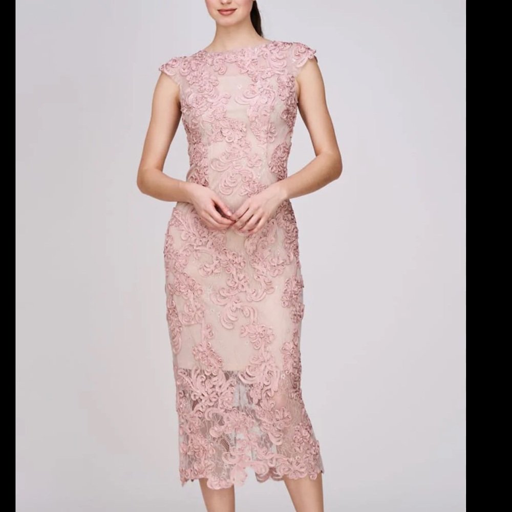NWOT JS Collections Sz 6 Elexis Soutache Blush Floral Lace Sheath Midi Dress